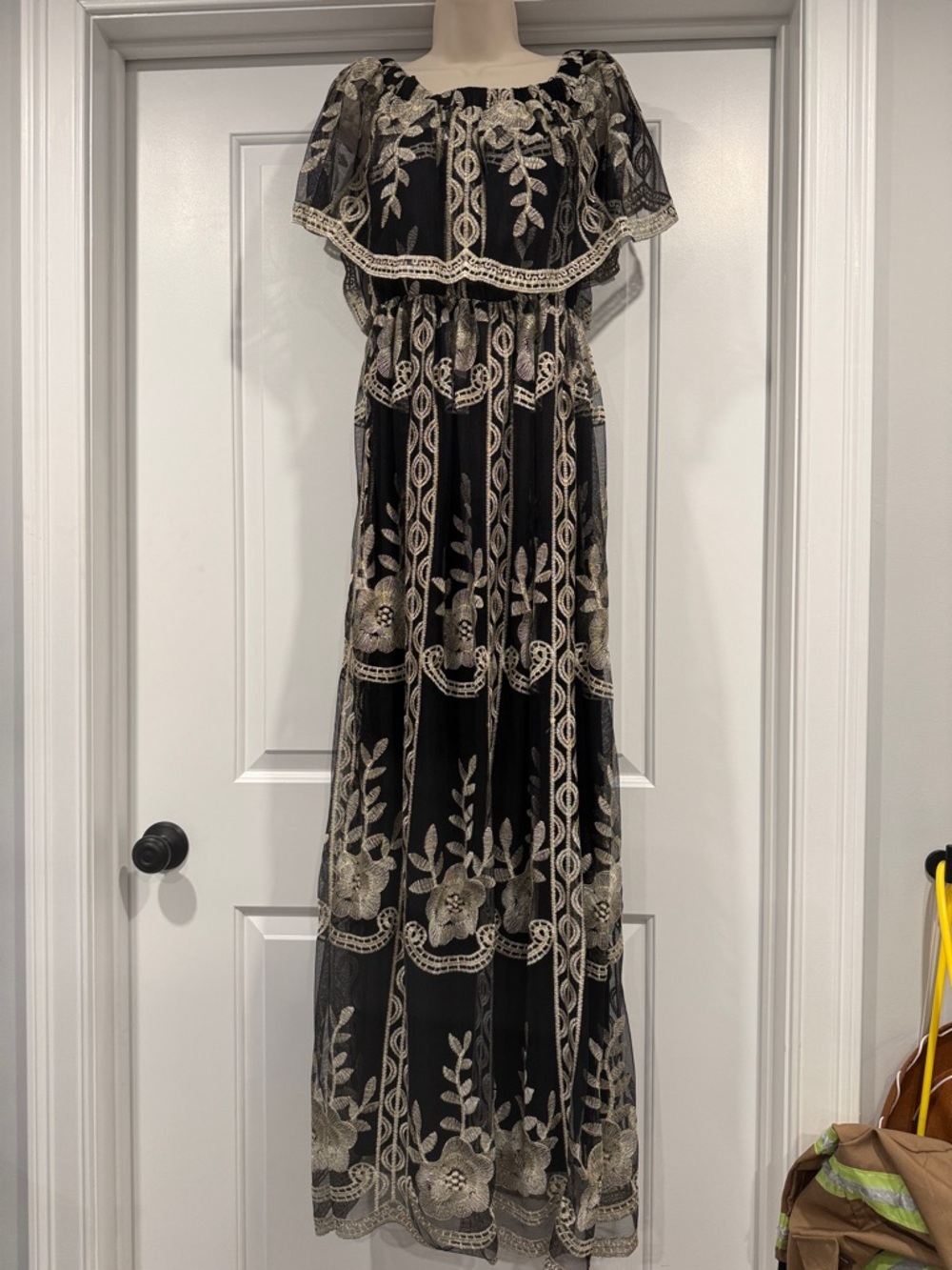 NWT - Black & Gold Maxi Dress Floral Embroidery from Baltic Born, Medium